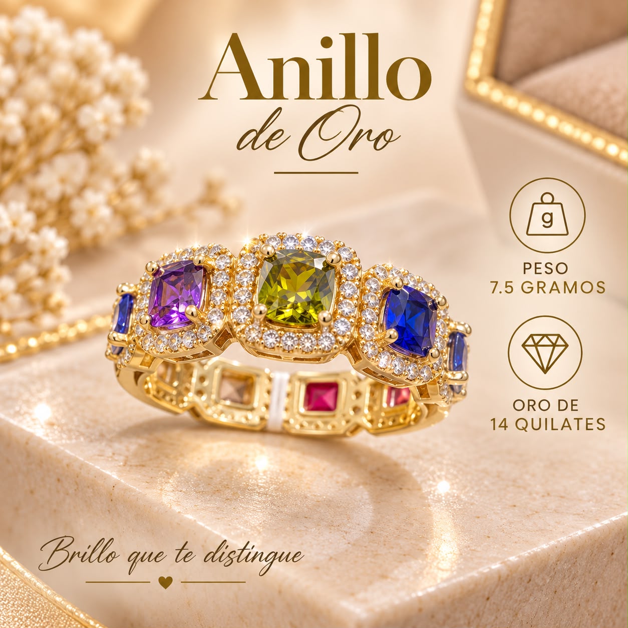 ANILLO ETERNITY PIEDRAS PRECIOSAS 14K 7.5G